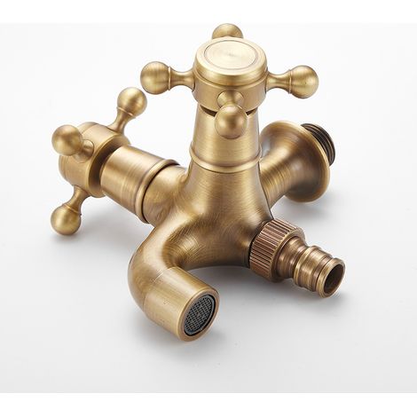 Poignée De Robinet En Laiton Antike Multifunktionale Waschküche Badezimmer Wand Montiert Waschmaschine Außen Garten Wasserhahn Doppelkopf Langen Kalten Wasserhahn