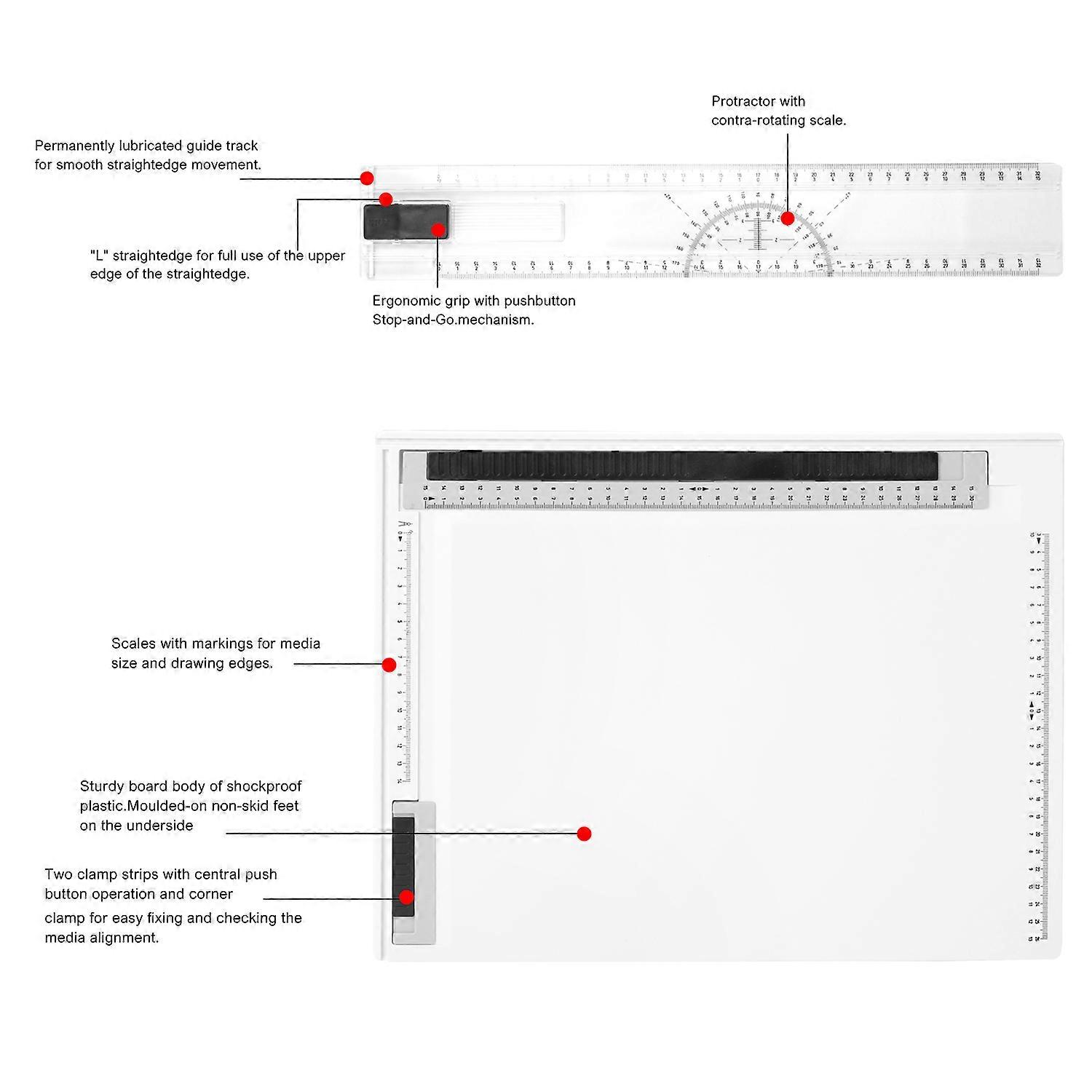 Zeichenbrett Im A4-format Mit Leichtgängigen Führungsschienen, Präziser Kartierungsablage, Markiertem Hilfswerkzeug Und Funktionalem Design Zum Zeichnen Und Messen.