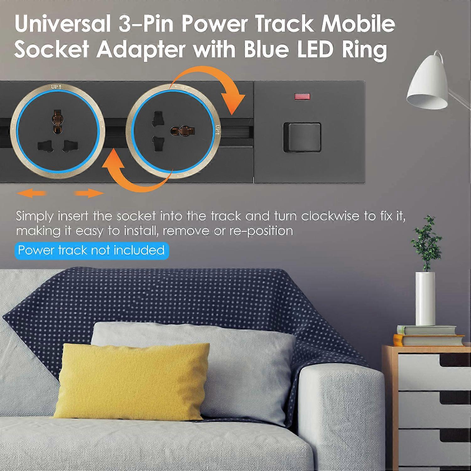 Universelle Schiebesteckdose Mit 3-poligem Adapter, Mobile Steckdose Auf Schiene, Einbausteckdose Mit Blauem Led-ring, Für Zuhause Und Büro