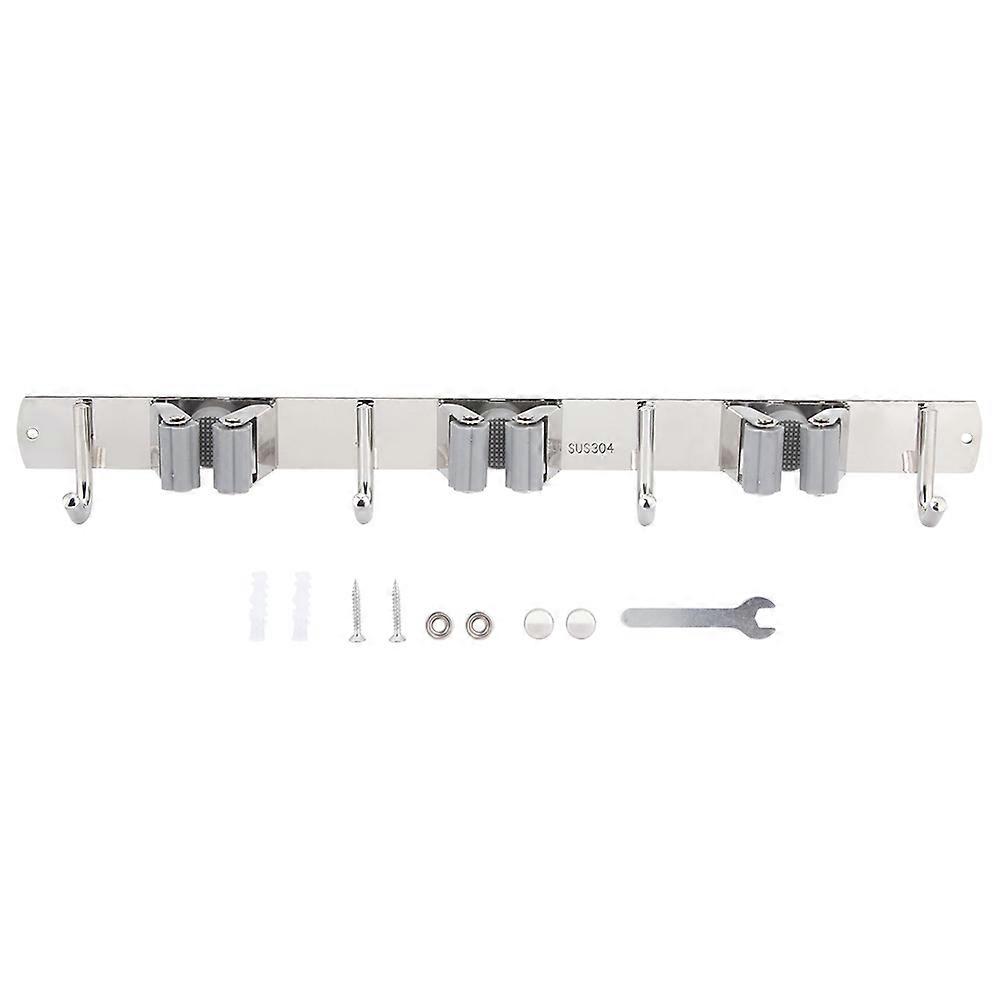 Wandmontierter Besenhalter Aus Edelstahl 304, Organizer-gestell Mit 4 Haken Und 3 Ablagen, Grau, Robuste Wandhalterung Für Mopp Und Besen.