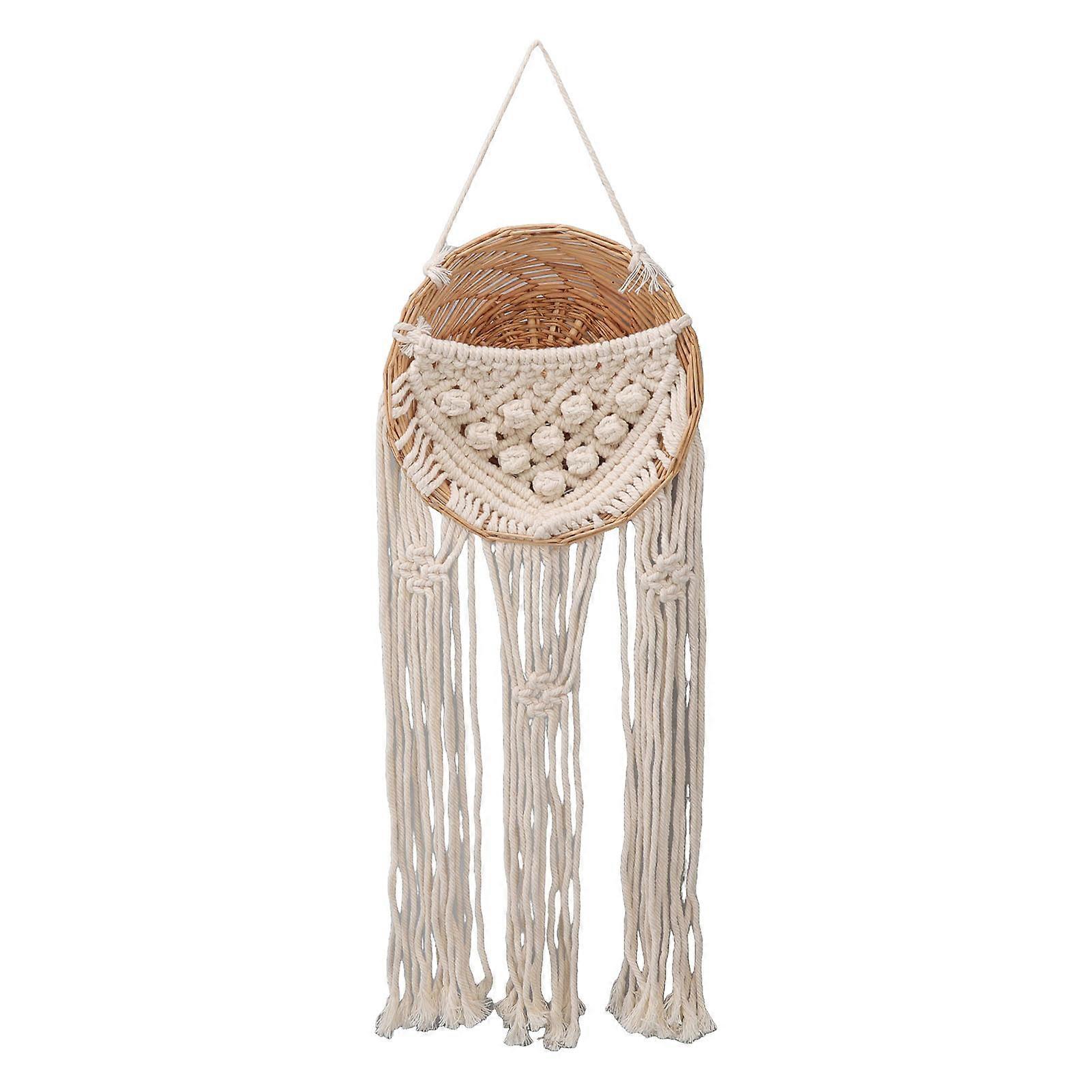 Geflochtener Rattan-pflanzkübel, Wandkorb Mit Baumwollseilquasten, Dekorativer Makramee-wandbehang Fürs Schlafzimmer, Wandkunst Im Bohème-stil, Trendige Wohndekoration, Elegantes Hänge-set.