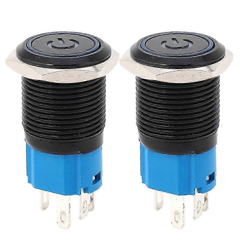 2x Schwarzer Metall-selbstverriegelungsschalter Ip65 Mit Led-anzeige Und Symbol 16mm (blau 220vac)
