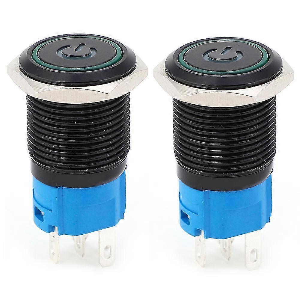 Schwarzer Metall-drucktaster, 16 Mm, Selbstverriegelnd, Schutzart Ip65, Mit Grüner Led-anzeige, 3–6 V Dc, Symbol, 2er-pack Für Wasserdichte Bedienfelder