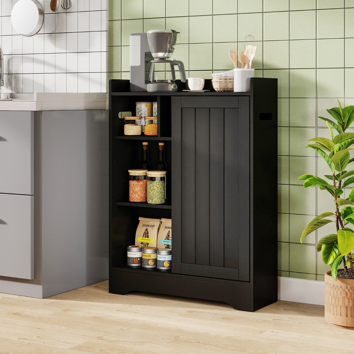 Bathroom Storage Cabinet - Slim, Sliding Doors, Paper Holder