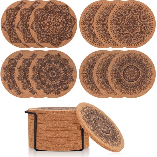 12er Pack Korkuntersetzer, Glasuntersetzer, Kork, 10 Cm Große Untersetzer, Tassenuntersetzer, Wiederverwendbare, Saugfähige Untersetzer, Mandala