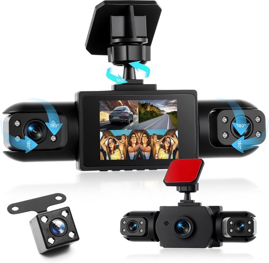 4 Kanal Auto Dashcam Mit 360° Kamera, 4 Kameras (1080p, Vorne, Hinten, Links, Rechts), 2 Zoll Display (1080p).
