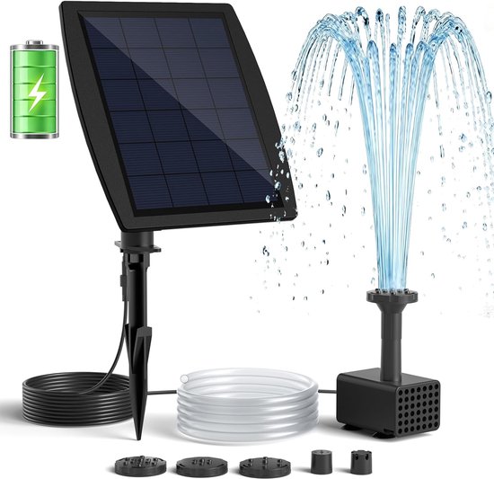 Solarbetriebene Springbrunnenpumpe Mit Akku Backup, 4 W Solarwasserpumpe Mit Integriertem 2000 Mah Akku, 3 M Kabel, 5 Sprühmodi Und 1,2 M Pvc Sch