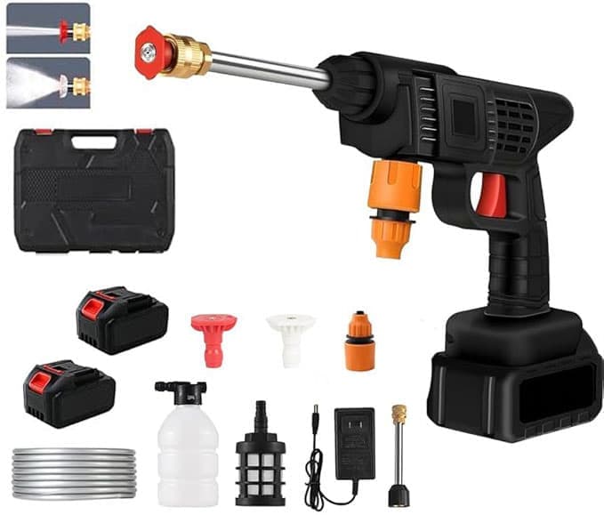 Akku-hochdruckreiniger 3000w, 21v, 6000mah – 2 Düsen, 2 Akkus, 5m Schlauch – Für Auto-, Garten- Und Terrassenreinigung