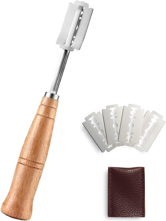Brotmesser, Sauerteigschneider Aus Edelstahl, Brotschneider Mit 5 Rasiermesserscharfen Klingen Und Holzgriff, 18,6 Cm