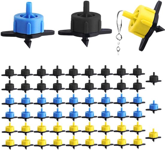 Dailygoods 60 Teiliges Mikro Tropfsystem, Druckregulierend, 2 L/h Gelb, 4 L/h Schwarz, 8 L/h Blau, Für Landwirtschaftliche Bewässerung Und Garten