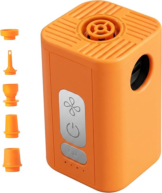Orangefarbene, Multifunktionale, Per Usb Aufladbare Vakuum Und Aufblaspumpe Mit 5 Verschiedenen Aufsätzen, Aufbewahrungstasche, Tragbarem Saug Un