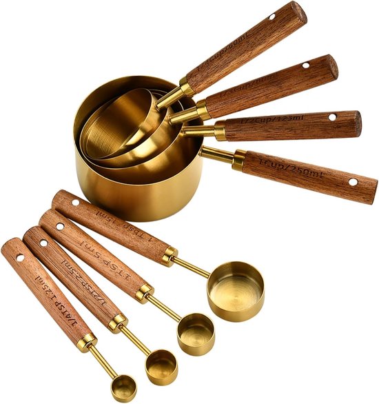 Messbecher Und Löffelset Aus Edelstahl (8 Teilig) Mit Holzgriff Zum Backen Und Kochen