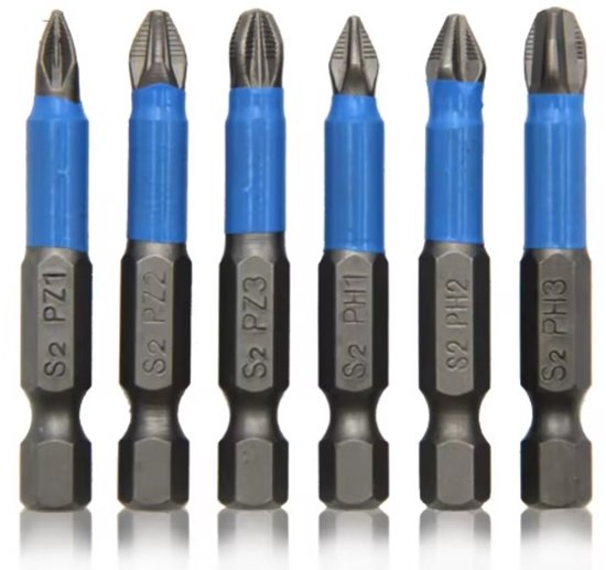6 Teiliges Schraubendreher Bit Set Aus Starkem, Magnetischem, Rutschfestem Legiertem Stahl Ph1, Ph2, Ph3, Pz1, Pz2, Pz3 X 50 Mm Sechskantschaft R