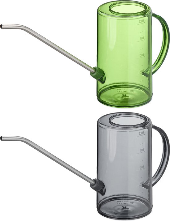 Set Aus 2 Gießkannen Für Den Innenbereich, 1 Liter, Kunststoff/edelstahl, Mit Langem Ausguss, Für Zimmerpflanzen, Grau/grün.