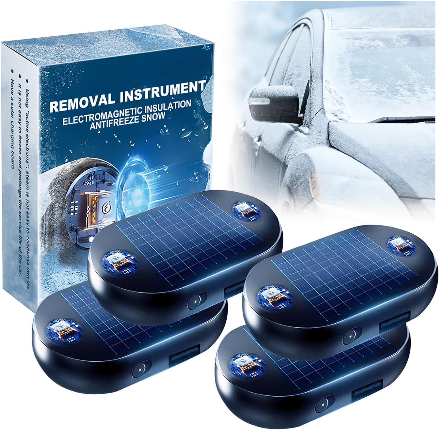 4-teiliges Elektromagnetisches Schneeschmelz-set Mit Frostschutz Für Autos – Universelles Fenster-enteisungsgerät, Solarbetrieben, Störungsfrei