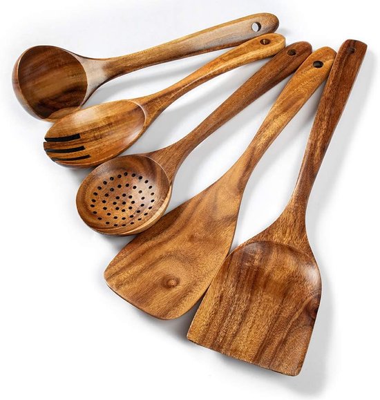 Küchenutensilien Set Aus Akazienholz Antihaft Pfannen 5 Teiliges Set Naturholz