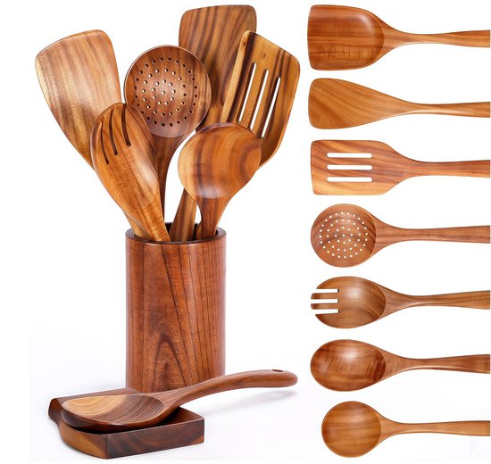 Küchenutensilien Set Aus Holz Kochgeschirr Aus Holz Kochen Und Backen Hitzebeständig Bis 450 Grad 9 Teilig Holzfarben