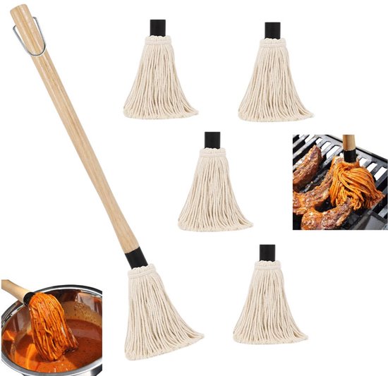 6 Teilig Marinadenpinsel Grillpinsel Bestäuberpinsel Saucenpinsel Mopp Mit Holzgriff Backpinsel Mit Holzgriff, 4 Zusätzliche Ersatzbürstenköpfe Z