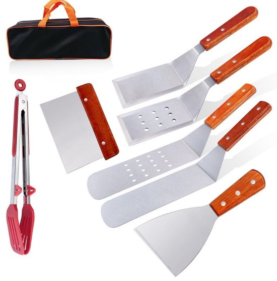 8 Teiliges Profi Grillzubehörset Pfannenwender, Schaber Mit Holzgriff, Grillplattenwender Robustes Edelstahl Set Für Japanisches Teppanyaki Und G