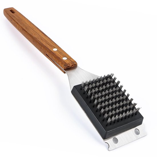 Dailygoods 2 In 1 Bürste Und Grillreiniger Grillreinigung Holzgriff Edelstahl Für Grills 38 Cm