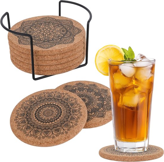 8 Teiliges Kork Tischset Mit Metallständer, Rutschfest, Wiederverwendbar, Für Heiße Und Kalte Getränke, 10 Cm, Holzfarbe
