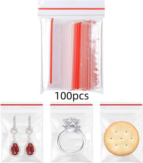 100 Wiederverschließbare Plastikbeutel (8 X 12 Cm) Mit Reißverschluss Für Bürobedarf, Saatgut Und Schmuckaufbewahrung Transparenter Roter Rand
