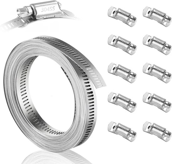 Schlauchschellen Aus Edelstahl 304, 2 Meter Langes Diy Metallband + 10 Extra Starke Befestigungselemente, Große Verstellbare Schlauchschellen, Fü