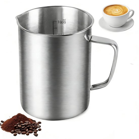 Messbecher Aus Edelstahl Fassungsvermögen 1 Liter Mit Markierungen Elegantes Design Mit Griff Aus Edelstahl Gefertigt Für Küche Und Café, Spülmas