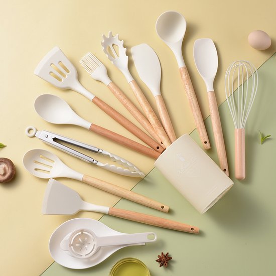 14 Teiliges Küchenhelfer Set Silikon Kochutensilien Mit Halter Hitzebeständig Mit Holzgriff Pfannenwender, Löffel Und Rührstäbchen Für Beschichte