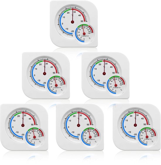 6 Teiliges Analoges Thermo Hygrometer: 7,5 X 7,5 Cm, Thermometer, Hygrometer, 2 In 1, Für Innen Und Außen, Analoge Anzeige, Temperatur, Skala, Te