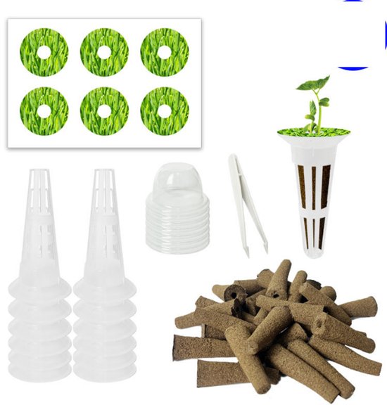 Set Mit 10 Kompletten 5 Teiligen Hydroponik Anbausets, Inklusive Pflanzkorb, Bewurzelungsfaser, Aufklebern, Keimkappe Und Pinzette Für Den Anbau