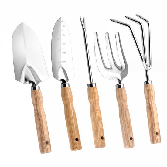 5 Teiliges Gartengeräte Set Spitzspaten, Spaten, Dreiecksgabel, Rechen & Wurzelheber Für Garten & Gemüsegarten Tragbares Handgeräte Set