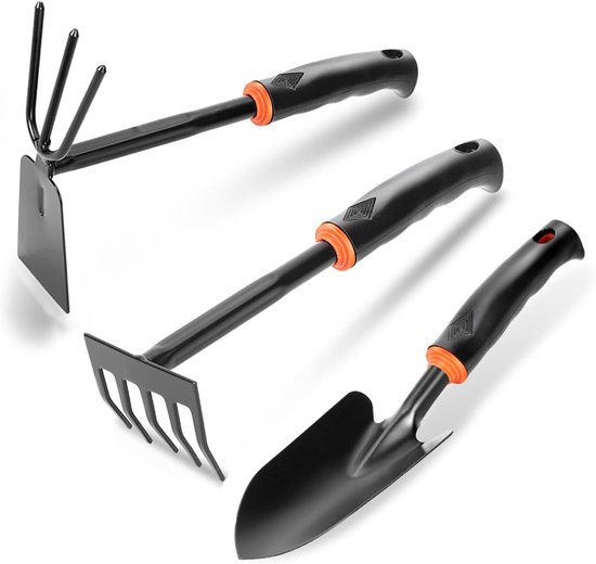 Komplettes Gartenset Mit 3 Gartengeräten Aus Stahl, Darunter Handrechen, Gartenschaufel Und Doppelhacke