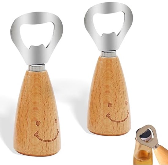 Set Aus 2 Flaschenöffnern Mit Holzgriffen In Form Eines Smileys, Aus Edelstahl, Einfach Zu Bedienen, Komfortabler Griff, Öffnet Dosen Mühelos