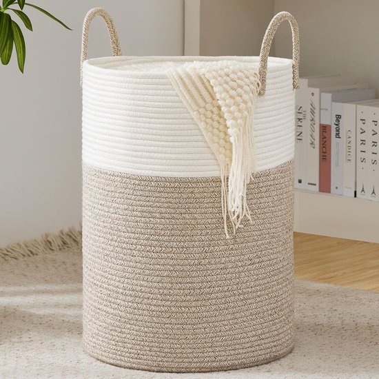 Wäschekorb, Gewebter Wäschekorb, Spielzeugkorb, Mit Griff, Handgefertigt, Baumwolle, Weiß Und Braun