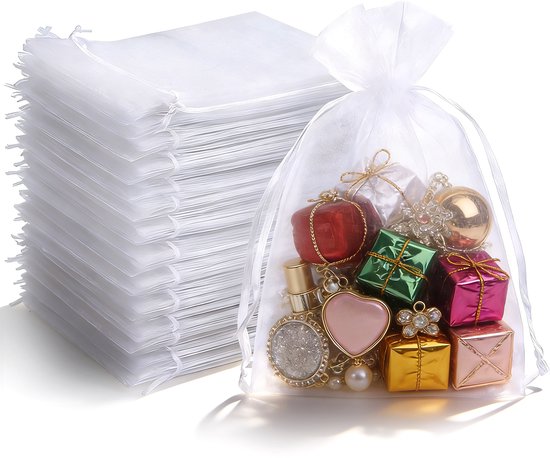 Packung Mit 100 Weißen Organzabeuteln Organza Geschenktüten Schmuckbeutel Brautbeutel Lavendelbeutel Hochzeitsutensilien 35 X 50 Cm
