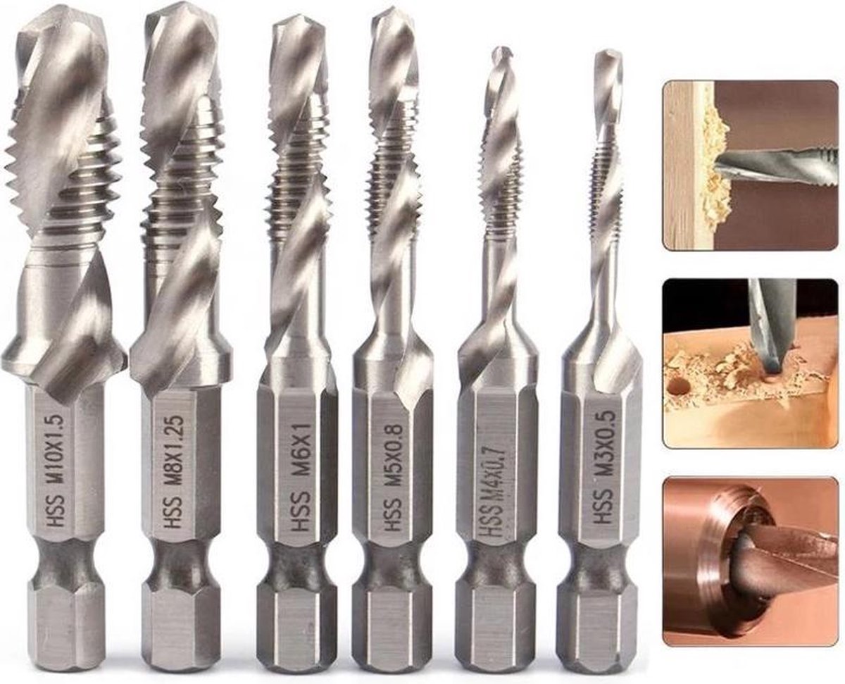 6-teiliges Gewindebohrer-set – Set Aus Bohrer, Gewindebohrer Und Senker Aus Hss – Bohrmaschinenwerkzeug M3–m10 – Gewindeschneiden – Kombinations-gewindebohrer – D