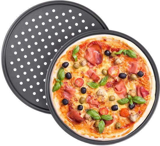 4er Pack Runde Pizzateller Pizzabackblech Rund Antihaftbeschichtet Perforiert, Grau