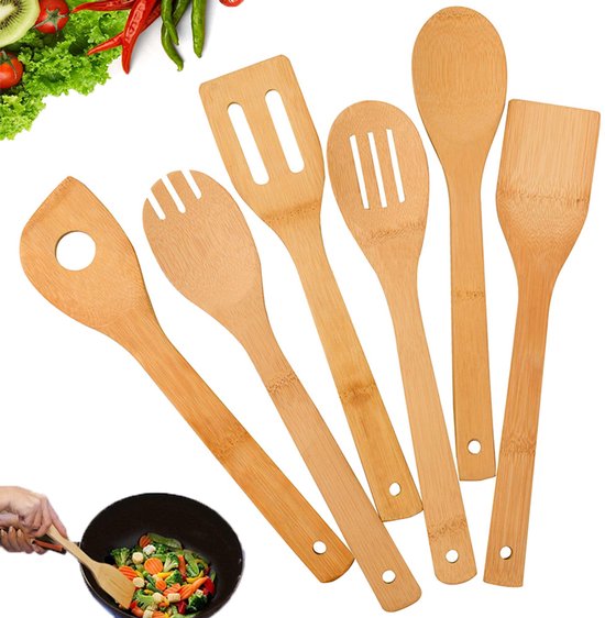 6 Teiliges Küchenutensil Set Aus Bambus Bambus Kochlöffel Antihaft Pfannenwender Mit Griffen Hitzebeständiges Pfannenwender Set Antihaft Kochgesc