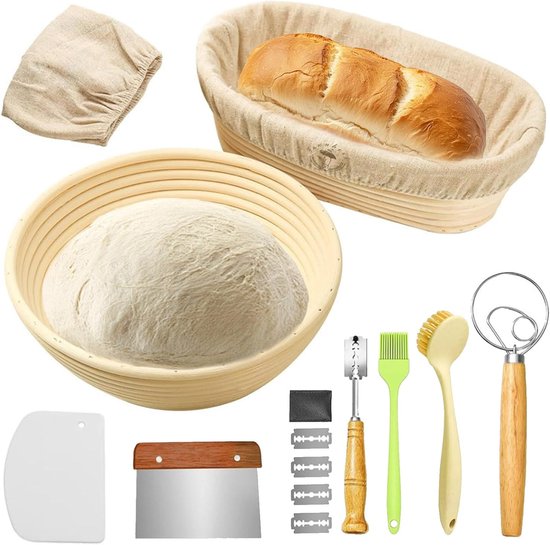 Gärkorb Zum Brotbacken Gärkorb Set Hefebackset Enthält Einen Runden Gärkorb (23 Cm) Und Einen Ovalen Gärkorb (25 Cm), Einen Schneebesen, Einen Te