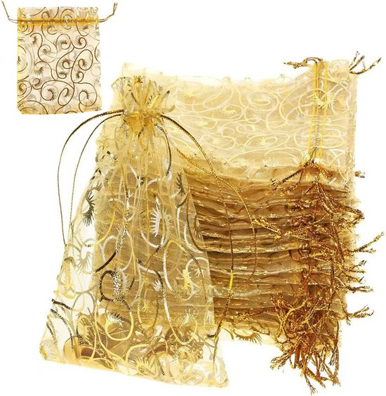 100 Organzabeutel Geschenktüte Geschenkverpackung Dankeschön Tüte Für Partys Goldfoliendruck Kordelzug Dekorativ Verpackung 10 X 15 Cm Für Hochze