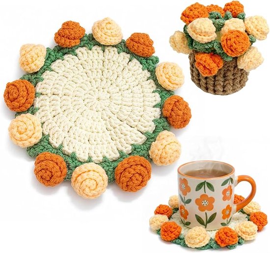 Blumen Untersetzer Tischdekoration Wärmeisolierend Rutschfeste, Geflochtene Baumwolluntersetzer Für Gläser Für Zuhause, Küche Und Büro Orange Und