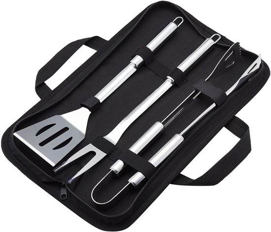 3 Teiliges Grillset Aus Edelstahl: Grillwender, Grillgabel, Grillzange Mit Tragetasche