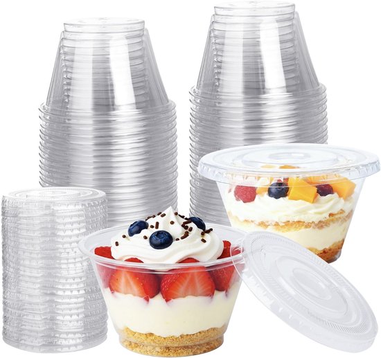 Dessertbecher Aus Kunststoff, 200 Ml 50 Stück Rund Mit Flachen Deckeln Ohne Loch Wiederverwendbare, Transparente Dessertbecher Für Mousse, Eiscre