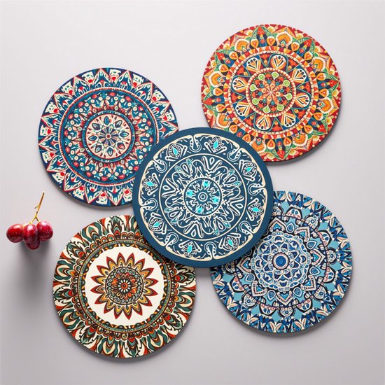 Mandala Untersetzer Mit Halter 5er Set Keramik Untersetzer Im Boho Stil, Saugfähig Mit Korkboden Und Schwarzem Halter Für Couchtisch, Wohnung, Ba