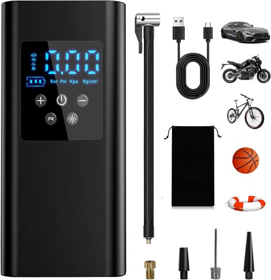 Tragbarer Luftkompressor (150 Psi), 6000 Mah Reifenpumpe Mit 4 Düsen, Led Taschenlampe Und Drucksensor Für Autos, Motorräder, Fahrräder Und Bälle