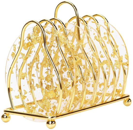 6er Set Luxuriöse Acryl Untersetzer Transparent Mit Goldfolie Inklusive Goldener Metallhalterung Hitzebeständig & Stilvoll Schützt Tisch & Einric