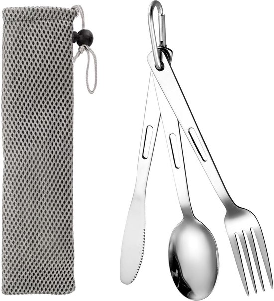 3 Teiliges Besteckset Edelstahl Besteckset Tragbares Outdoor Besteck Messer, Gabel, Löffel Mit Karabiner Inklusive Aufbewahrungstasche Für Outdoo