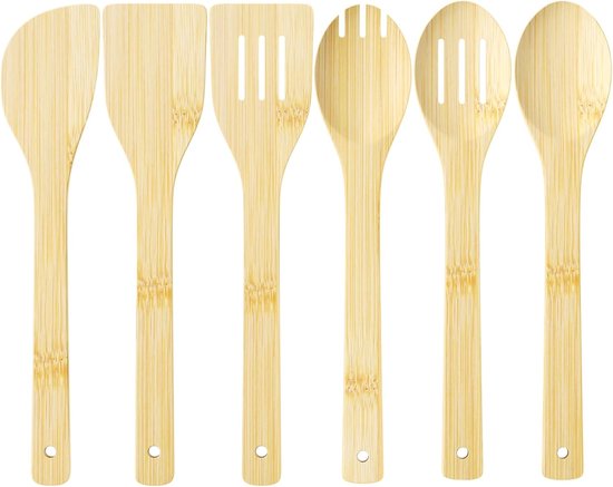 6-teiliges Küchenutensilien-set Aus Bambus – Küchenspatel, Holzlöffel Für Beschichtete Pfannen