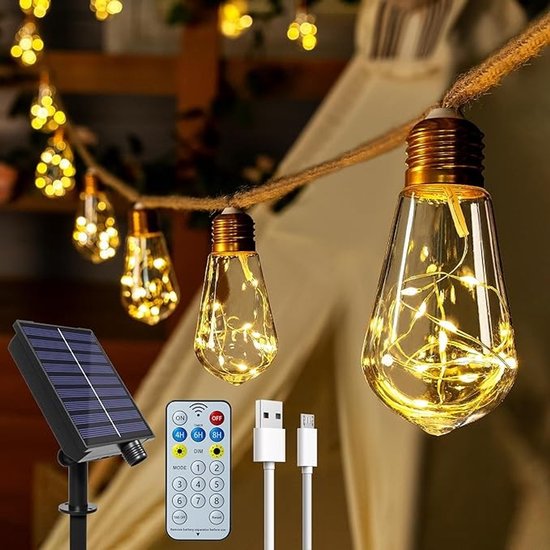 Solarbetriebene Lichterkette Für Den Außenbereich Mit 16 Glühbirnen, 8 Metern Länge, Fernbedienung Und Zeitschaltuhr